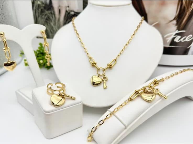 Heart Lock & Key Gold Jewelry Set
