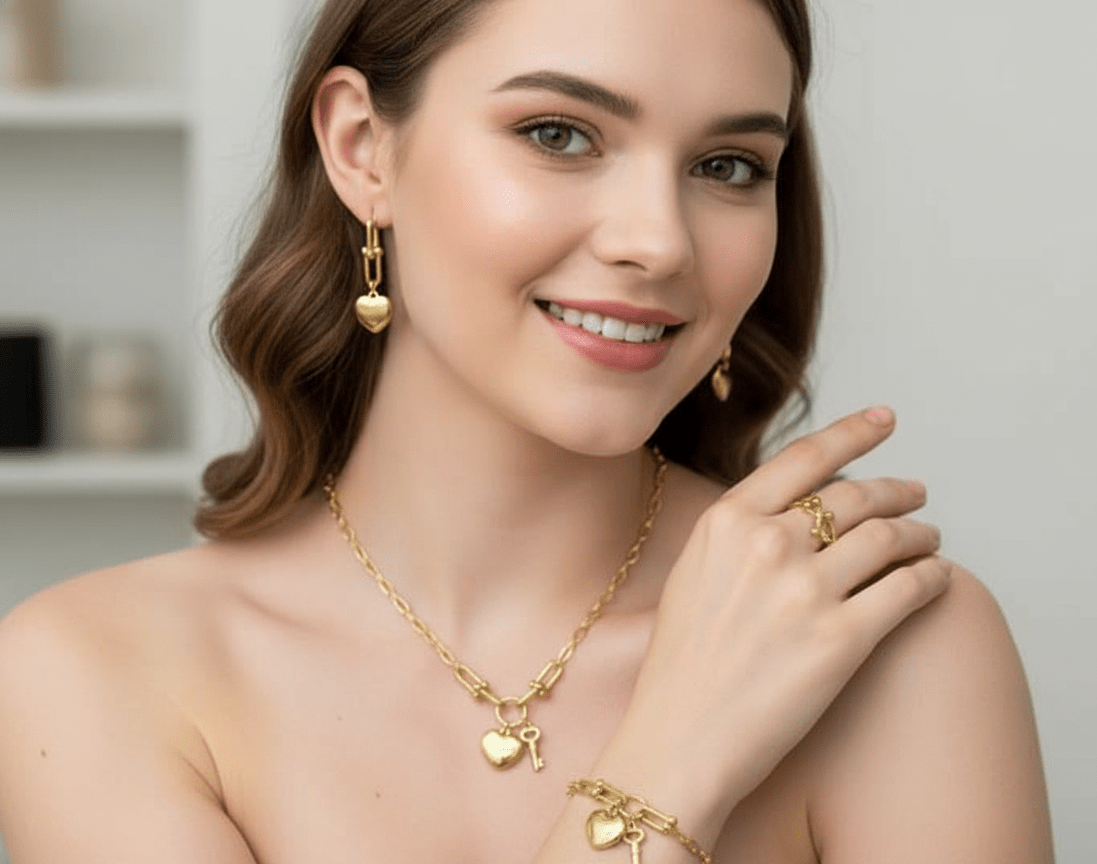 Heart Lock & Key Gold Jewelry Set