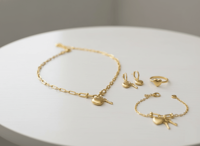 Heart Lock & Key Gold Jewelry Set